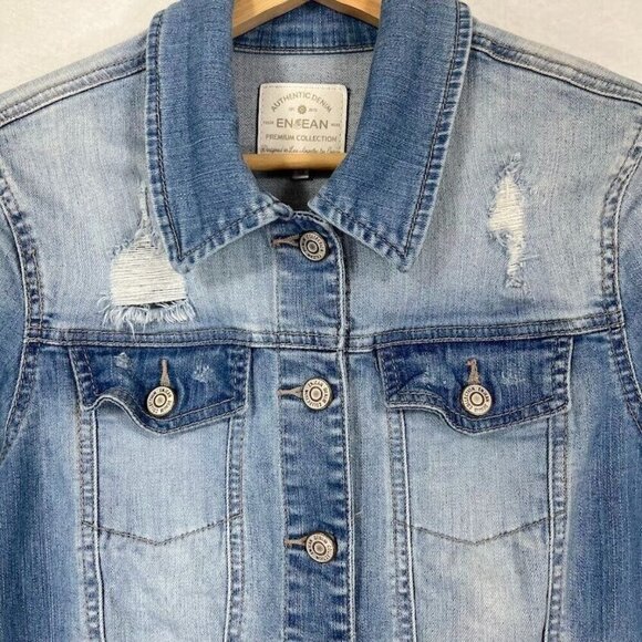 En Jean Distressed Trucker Jean Jacket Y2K School Grunge Retro Durable M - Picture 2 of 6